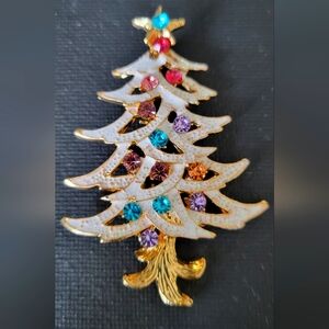 Colorful Rhinestone White Christmas Tree Brooch